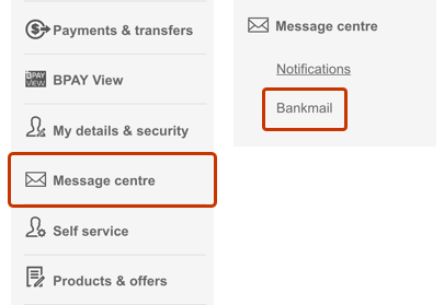 Image of online banking menu with Bankmail highlighted. Bankmail can be seen as a submenu of the Message centre menu.