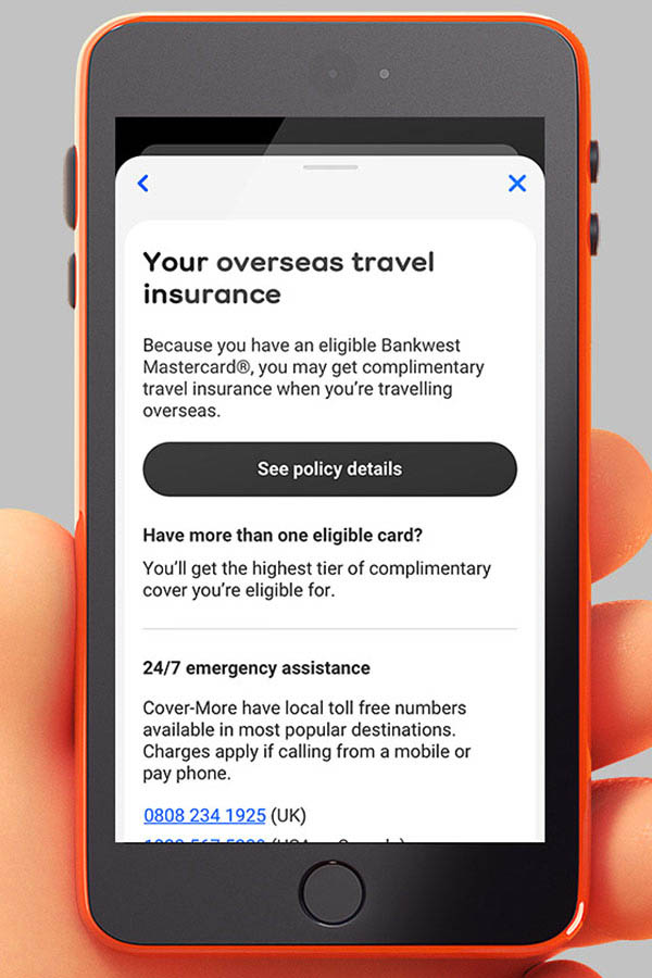 'Your overseas travel insurance' screen on the Bankwest App, visible for eligible Bankwest Mastercard holders