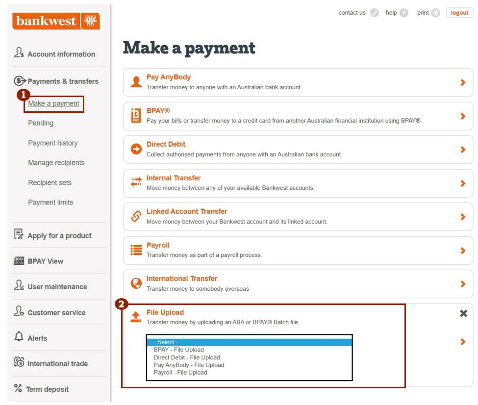An example of creating a payment through a file upload in online business banking, refers to Steps 1 and 2 above.