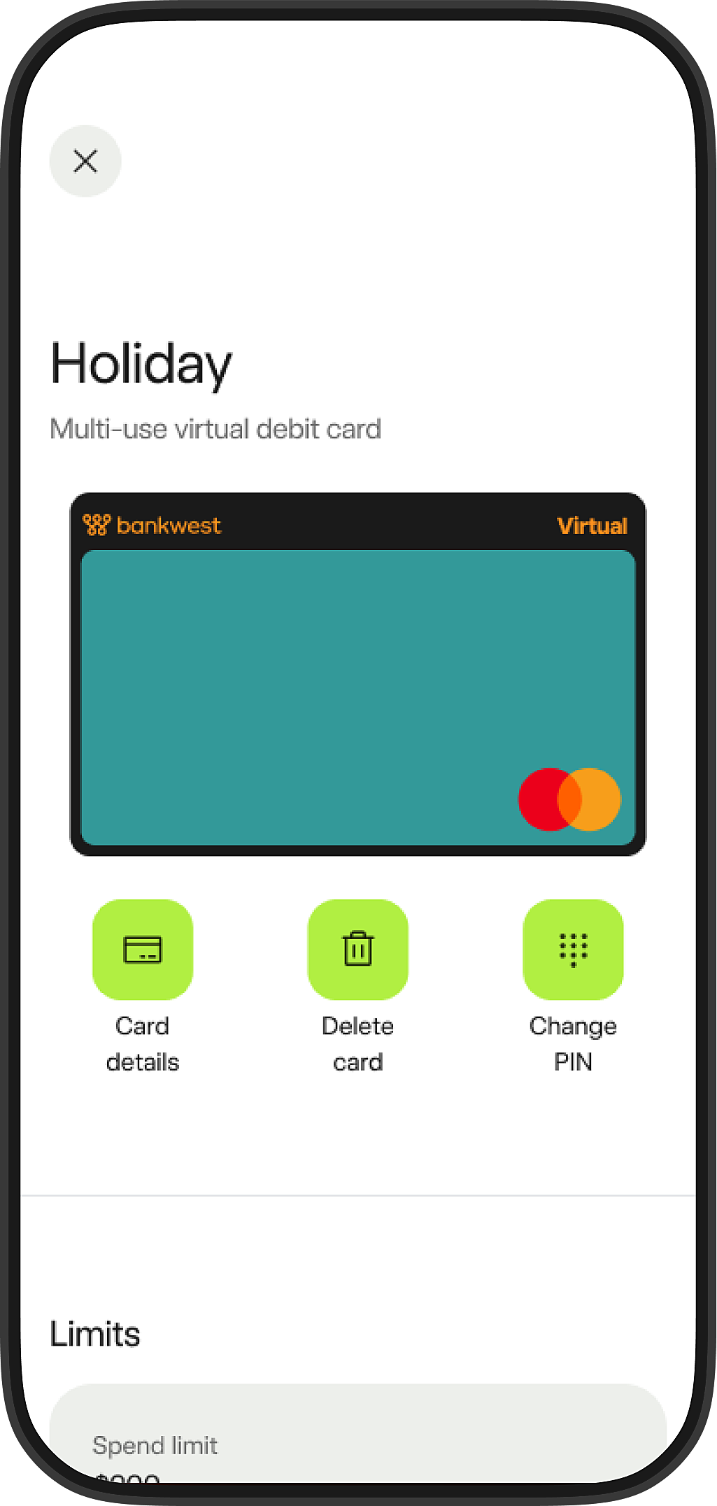 Image of the Bankwest App showing a virtual card created for holiday use