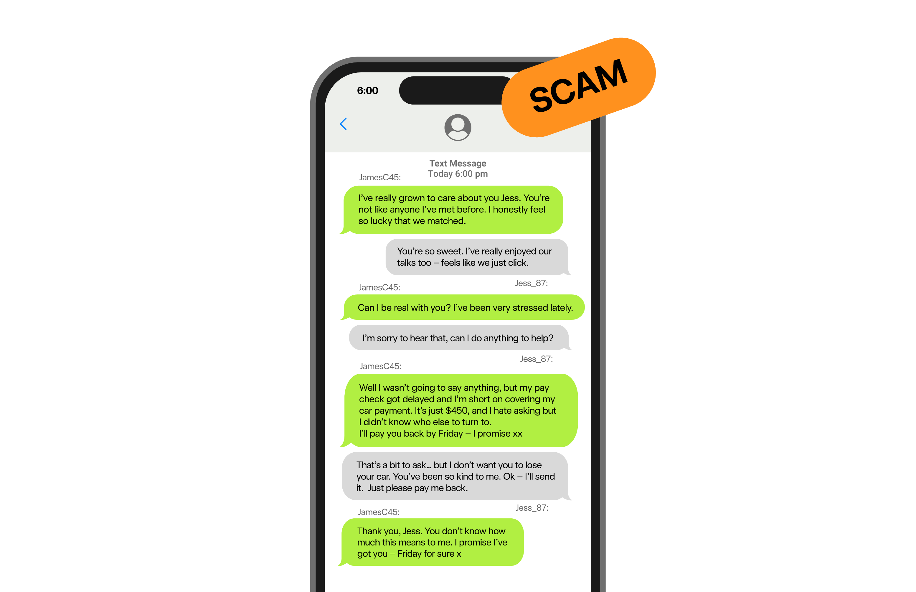Screenshot of an example of a remote romance scam