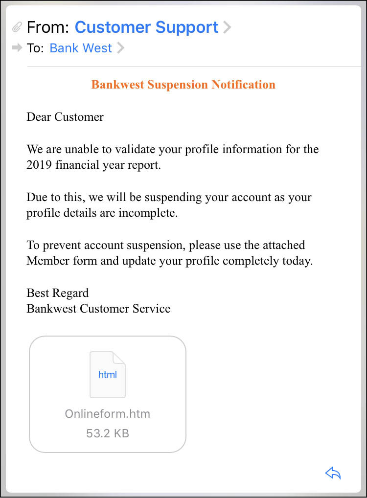 Image example of a fake Bankwest email with form attachment