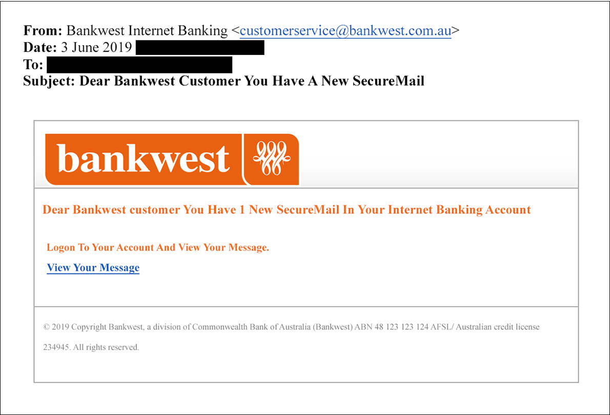 Image example of a fake Bankwest email with link to 1 new ‘SecureMail’ message