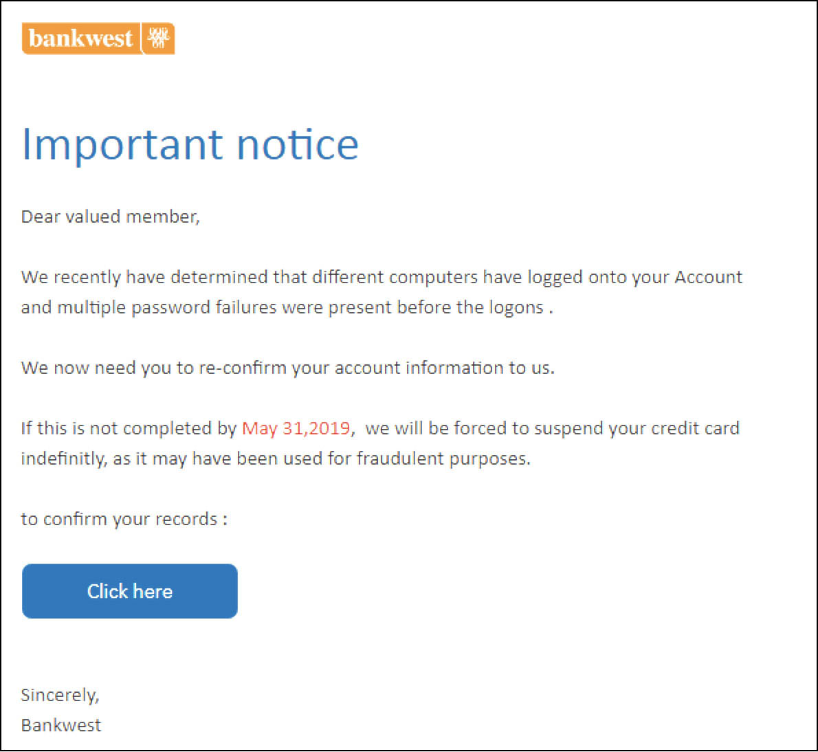 Image example of a fake Bankwest email asking you to confirm your account information