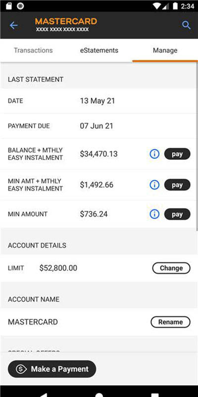 Screenshot of Easy Instalments payment options in the Bankwest App