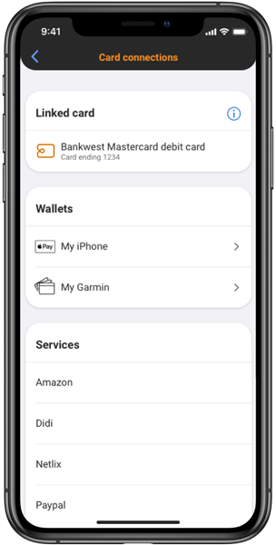 Image of the card connections tab in the Bankwest App