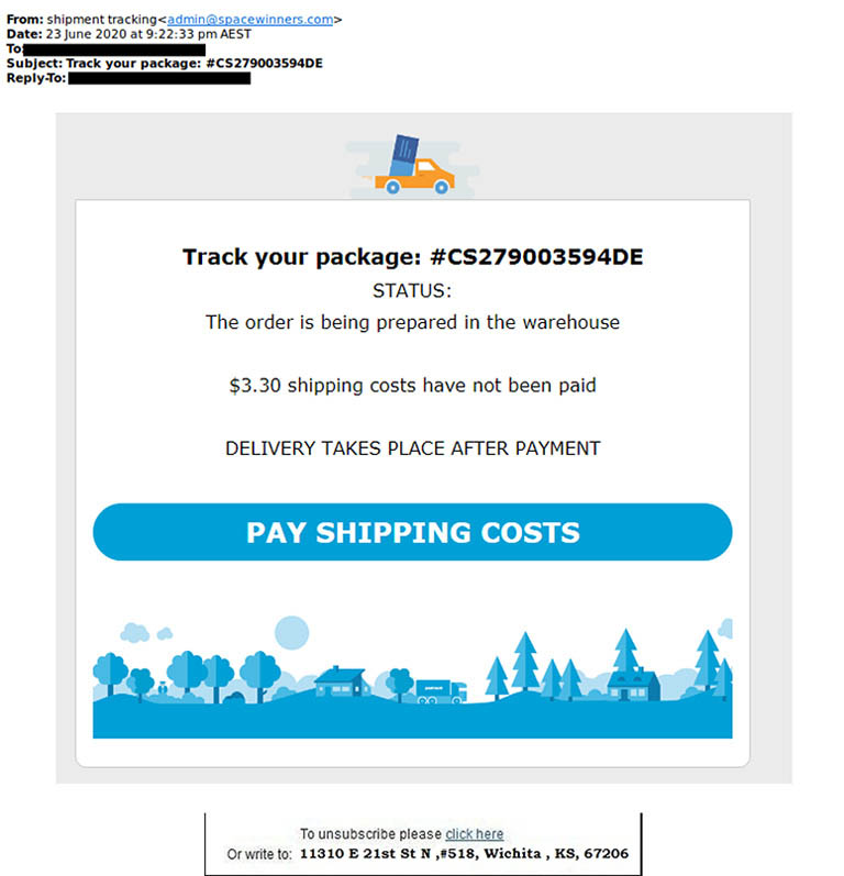 Example of a mail delivery email scam