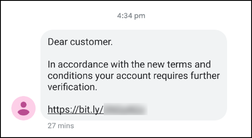 Image example of a fake SMS requesting verification in accordance to new terms and conditions