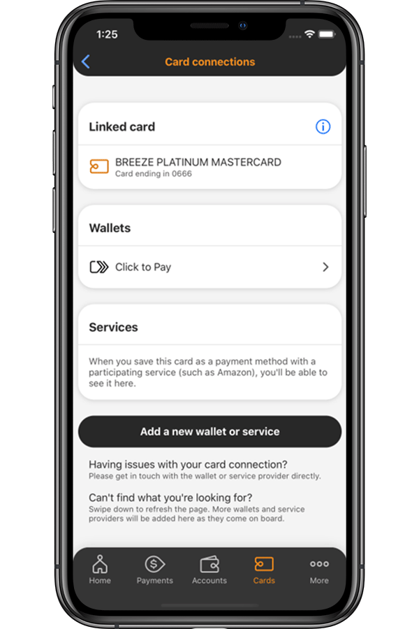 Image of Click to Pay on the card connections tab in the Bankwest App