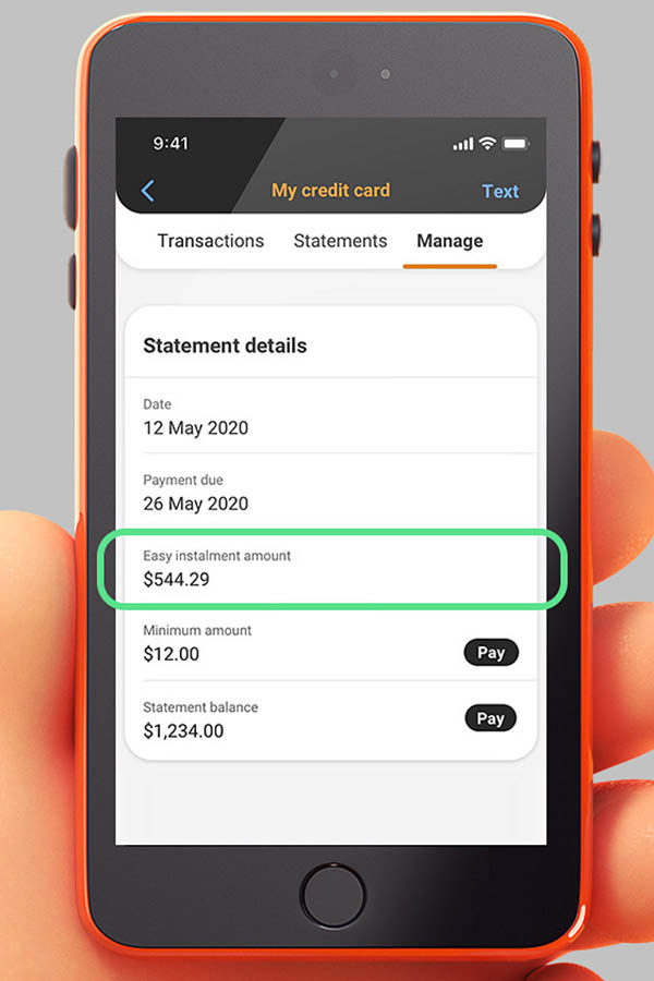 Screenshot of the Easy Instalments payment options in the Bankwest App