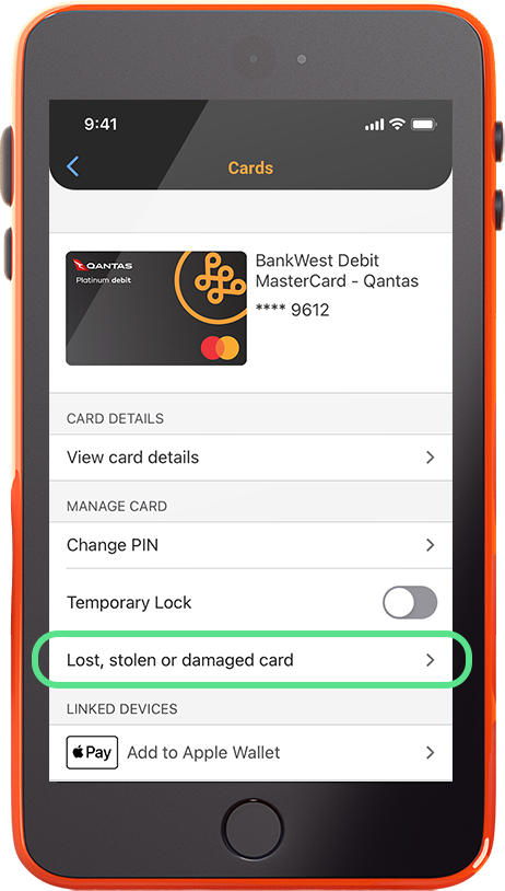Where to report lost, stolen or damaged bank card in the Bankwest App