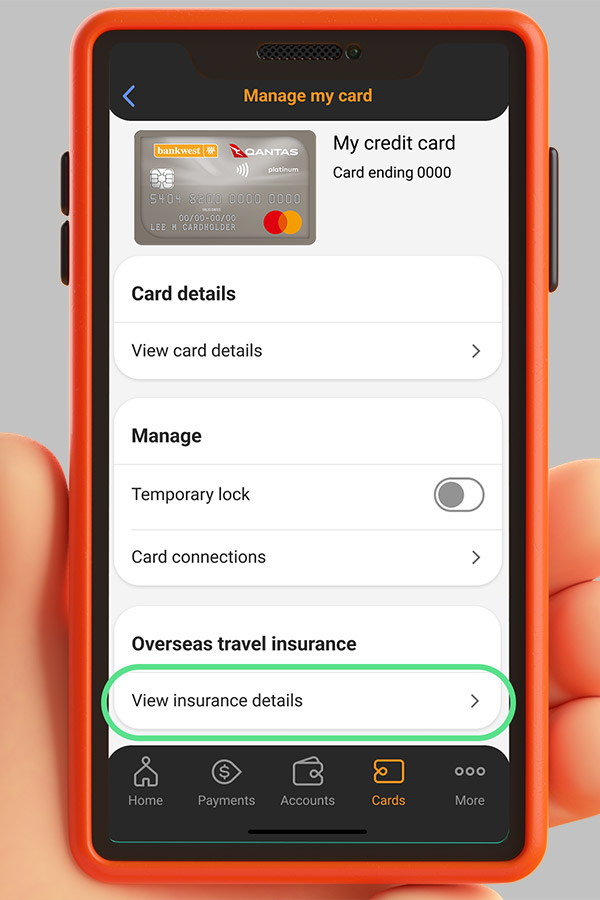  'Manage my card' screen on the Bankwest App with 'View insurance details' highlighted