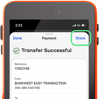 Image of a payment receipt on the Bankwest app