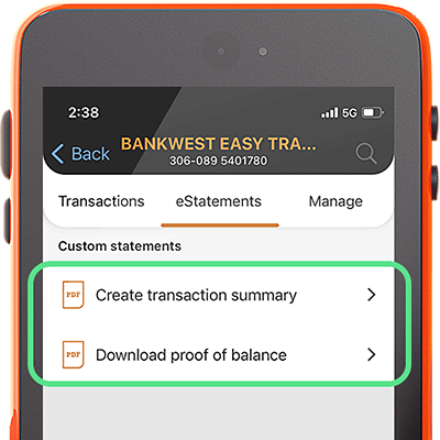 Screenshot of Custom statements on the Bankwest App