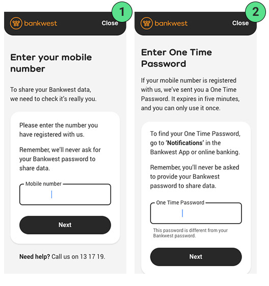 Bankwest App screens showing steps 1 and 2