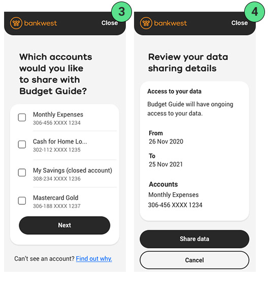 Bankwest App screens showing steps 3 and 4