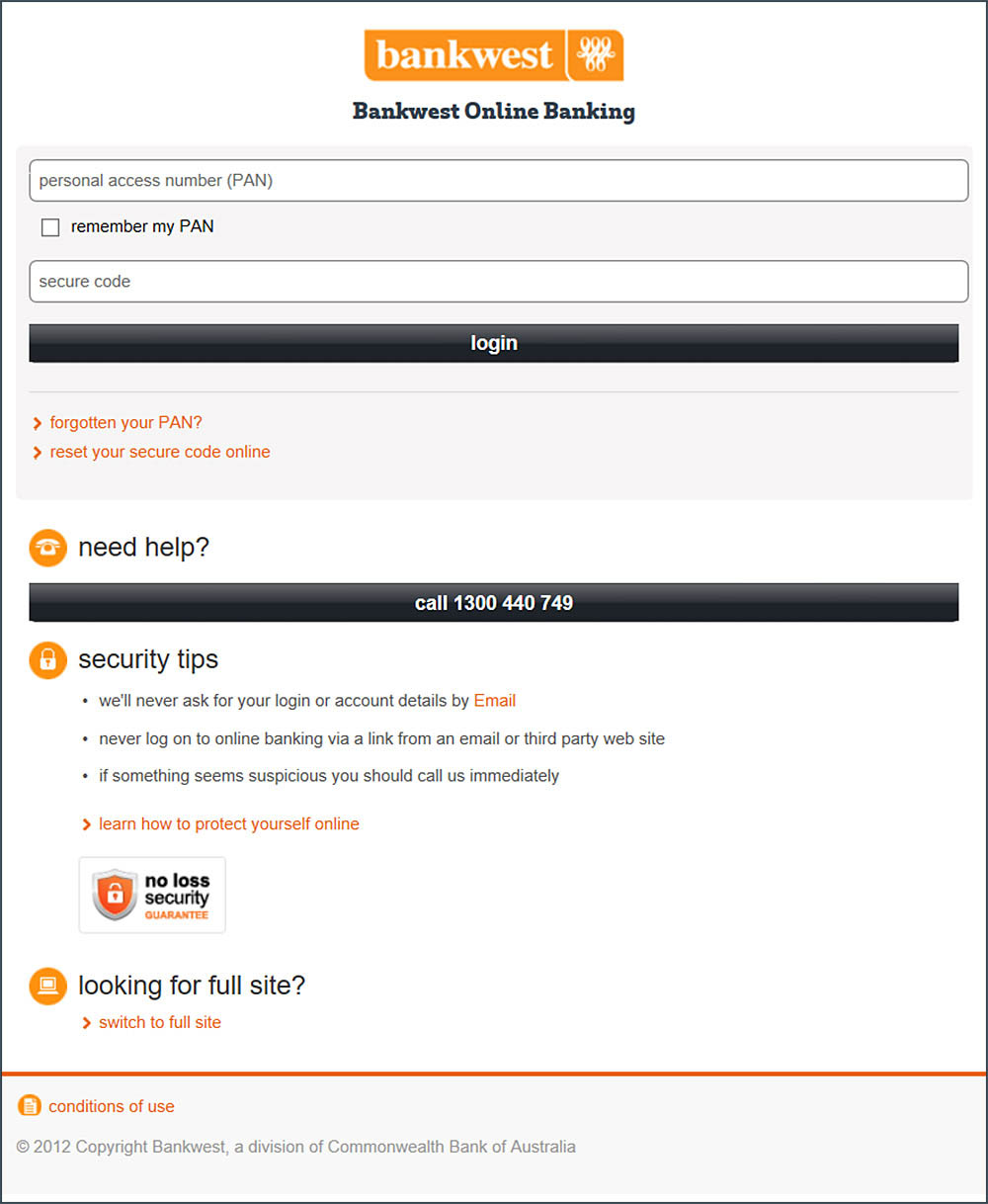 Image example of a fake Bankwest Online Banking login mobile page