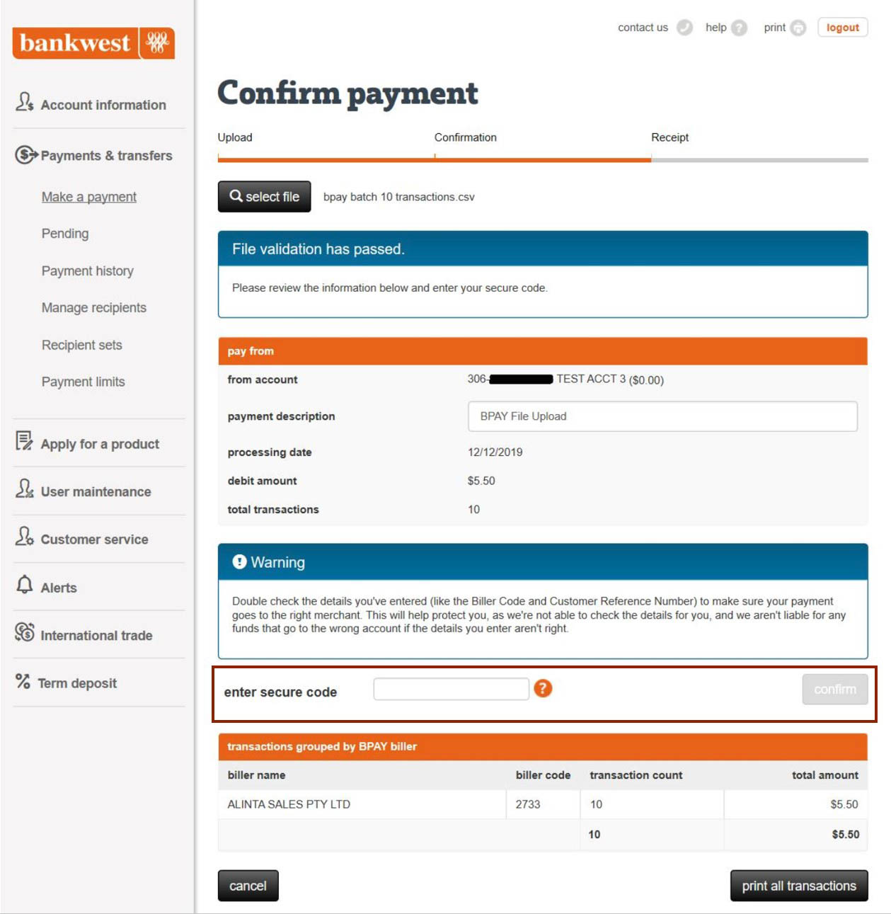 An example of confirming payment of a BPAY batch on Online Business Banking, refer above for instructions