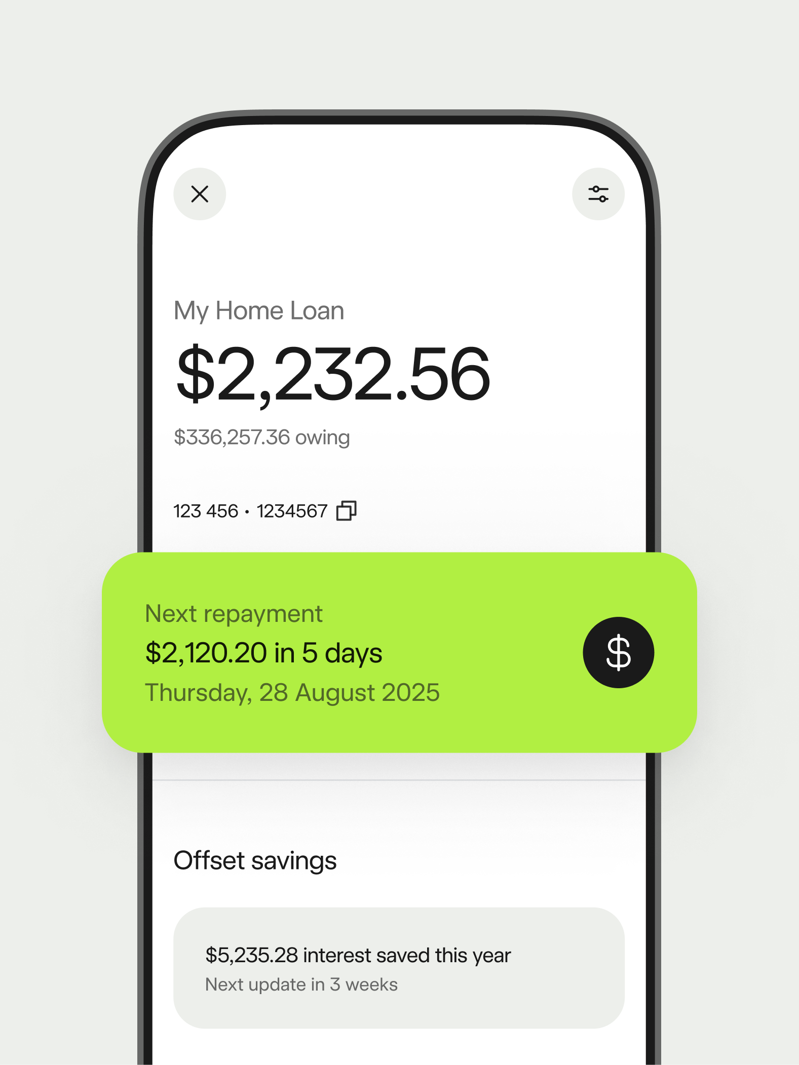 Screenshot of Bankwest App next home loan repayment screen